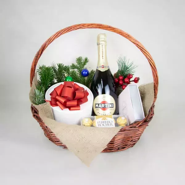 სასაჩუქრე კალათა ცქრიალა ღვინით Martini Prosecco